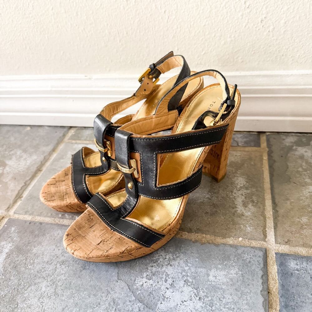Tommy Hilfiger Twedessa Black Leather Cork Heel Sandals Size 7.5M